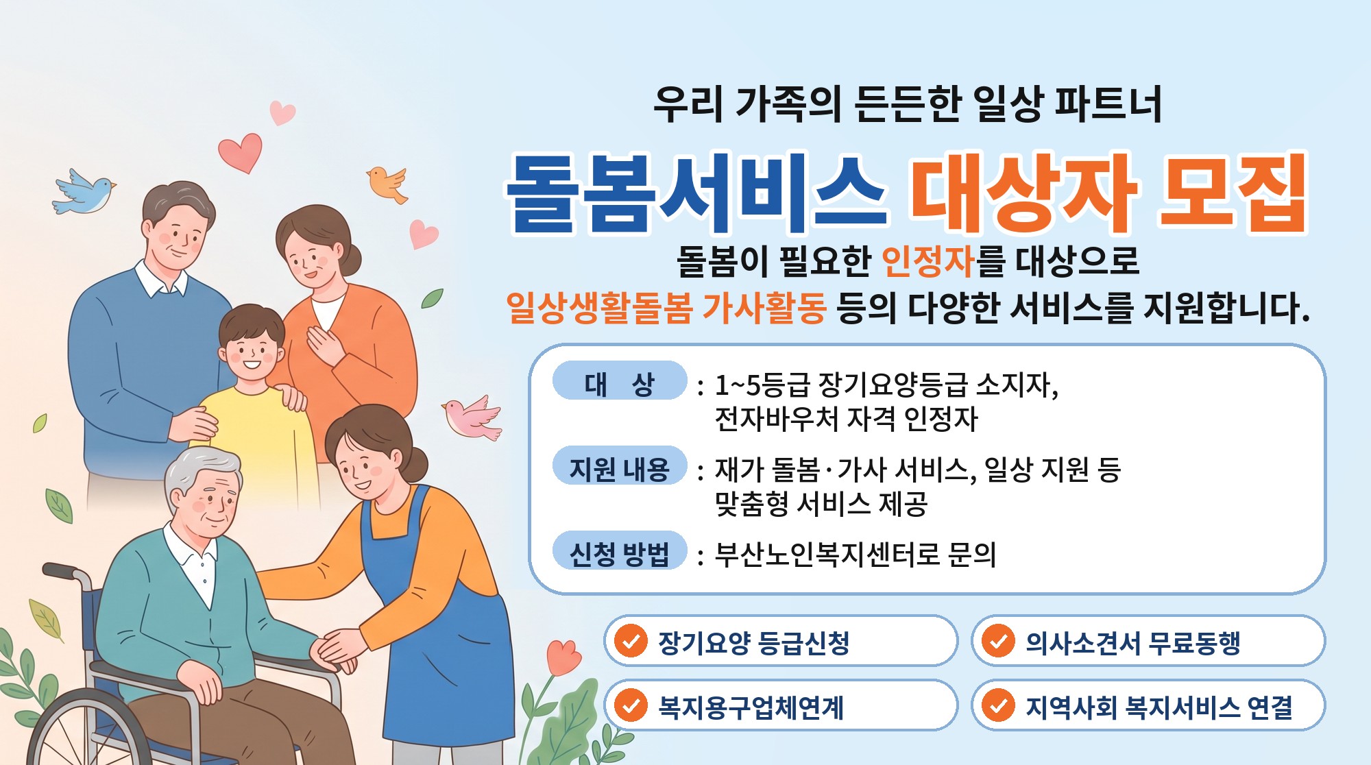 돌봄서비스 대상자 모집. 돌봄이 필요한 인정자를 대상으로 일상생활돌봄 가사활동 등의 다양한 서비스를 지원합니다. 대상은 1~5등급 장기요양등급 소지자, 전자바우처 자격 인정자이고, 신청은 부산노인복지센터로 문의하세요. 장기요양 등급신청, 의사소견서 무료동행, 복지용구업체연계, 지역사회 복지서비스 연결.